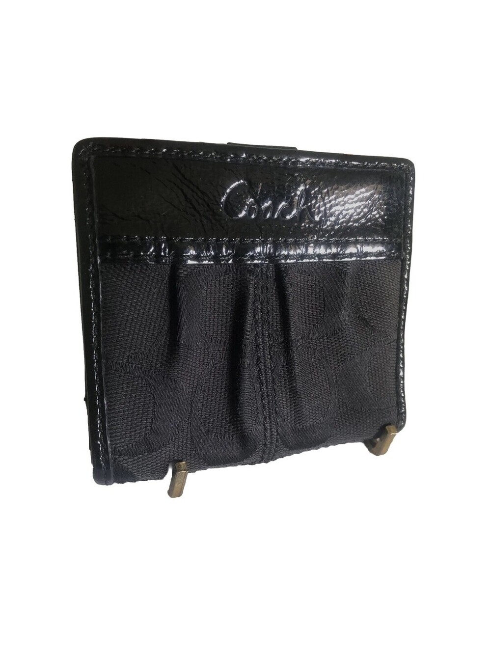 Vintage Coach Black Canvas Leather Small Bifold Wallet Horse Carriage Logo EUC